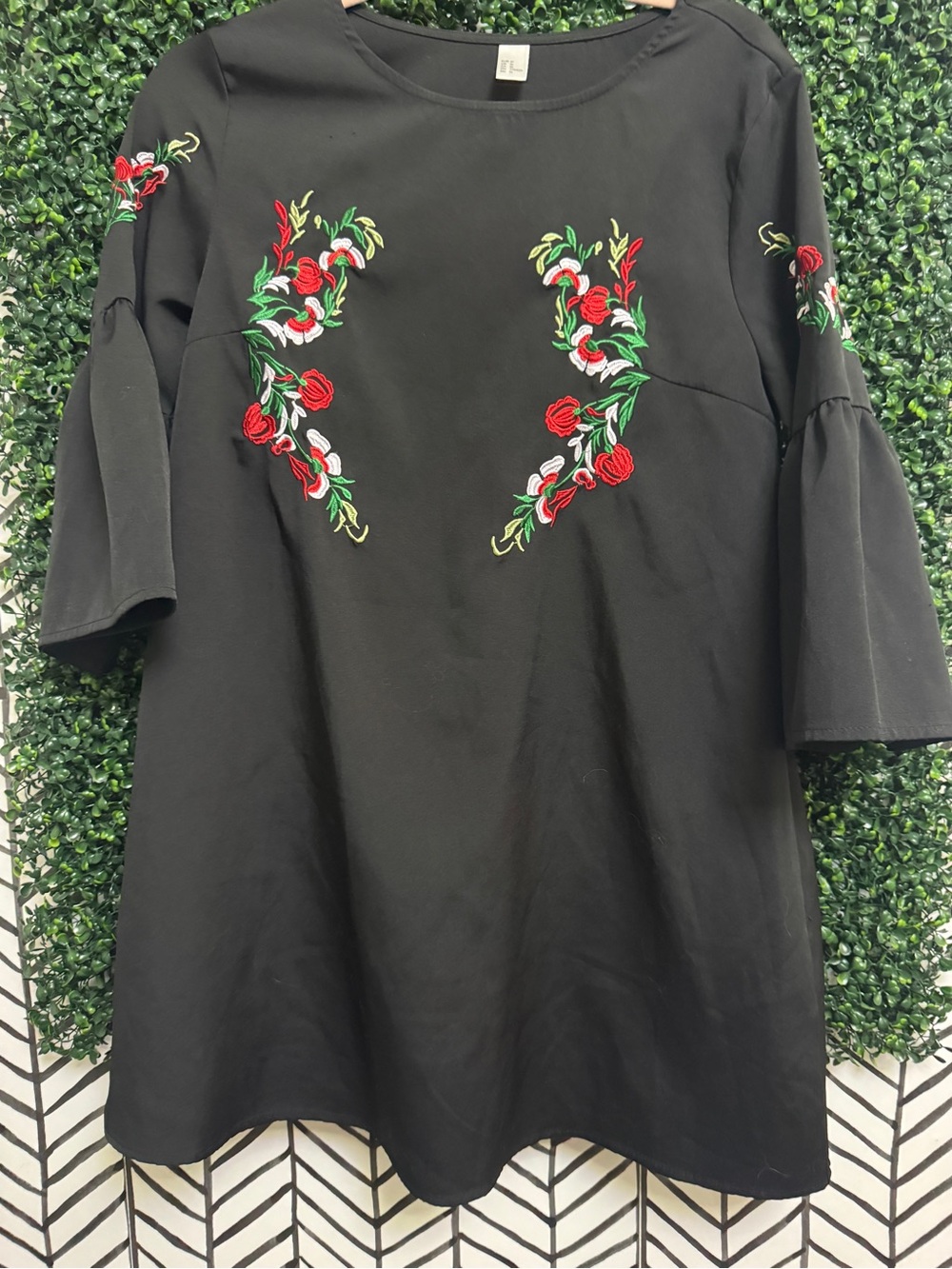 Source Unknown Black Mini Dress with Red & Green Floral Embroidery